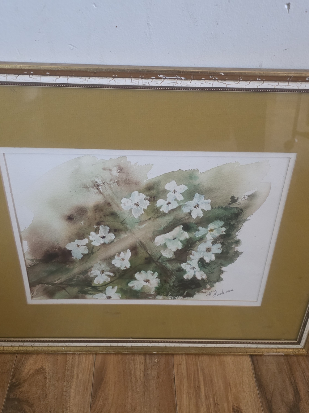 Framed White Floral Watercolor Print in Green and Gold